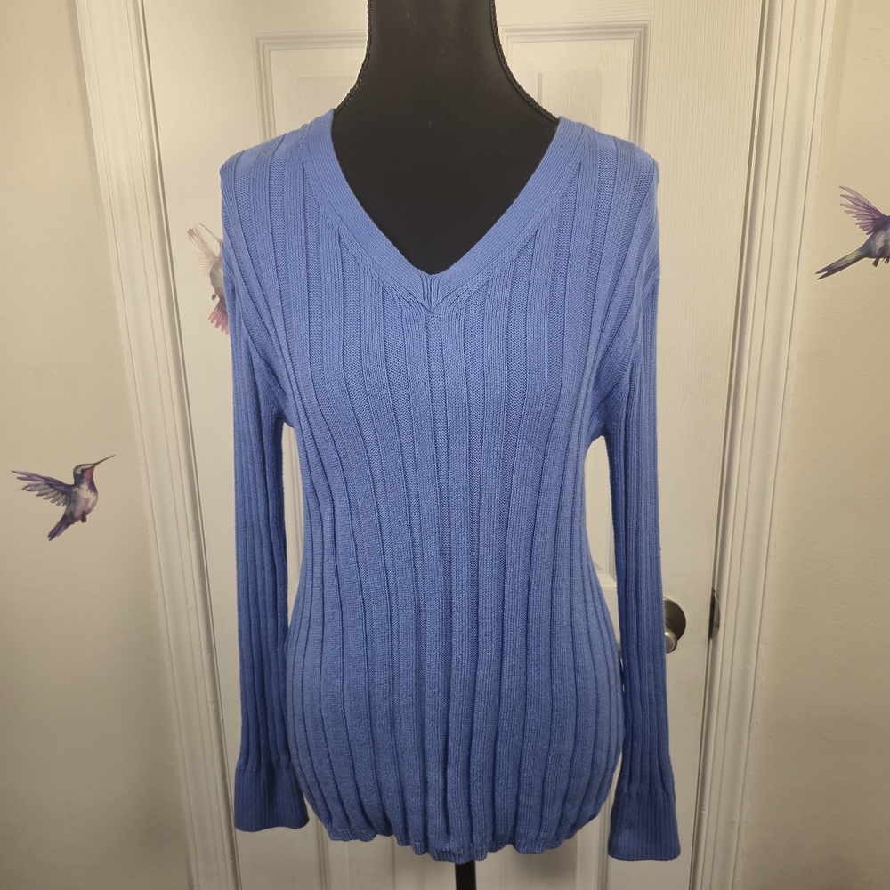 Talbots Blue Ribbed V-Neck Cotton Linen Knit Sweater Size Medium - Picture 3 of 7